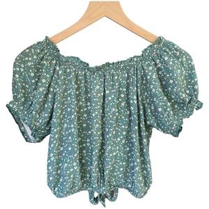 American Eagle Sage Green Floral Wrap Top Cropped Back Tie Lightweight Flowers S
